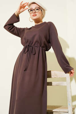 Bisiklet Yaka Bel Tünel Detaylı Elbise Acı Kahve - VAV TEKSTİL