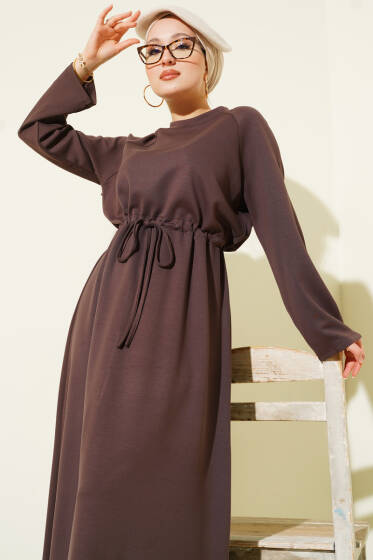 Bisiklet Yaka Bel Tünel Detaylı Elbise Acı Kahve - Elbise