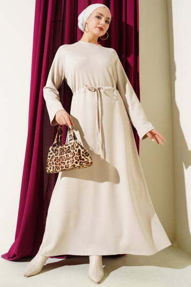 Bisiklet Yaka Bel Tünel Detaylı Elbise Bej - Elbise