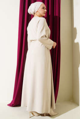 Bisiklet Yaka Bel Tünel Detaylı Elbise Bej - Elbise