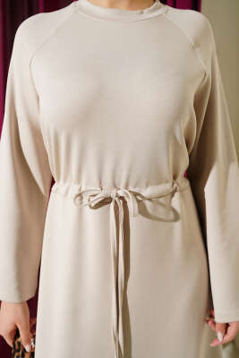 Bisiklet Yaka Bel Tünel Detaylı Elbise Bej - Elbise