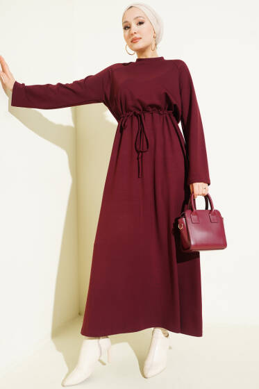 Bisiklet Yaka Bel Tünel Detaylı Elbise Bordo - Elbise