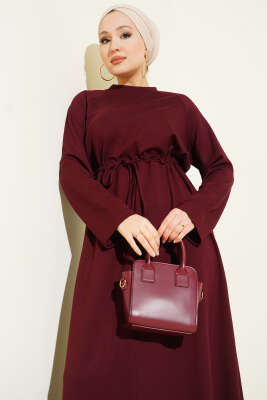 Bisiklet Yaka Bel Tünel Detaylı Elbise Bordo - Elbise
