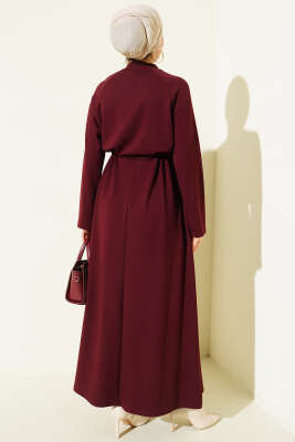 Bisiklet Yaka Bel Tünel Detaylı Elbise Bordo - Elbise