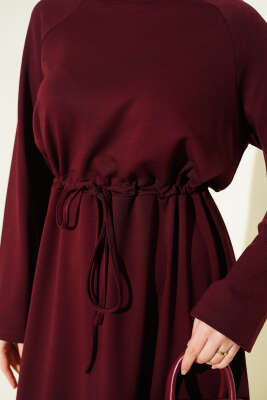 Bisiklet Yaka Bel Tünel Detaylı Elbise Bordo - Elbise