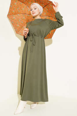 Bisiklet Yaka Bel Tünel Detaylı Elbise Haki - VAV TEKSTİL