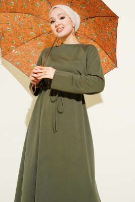 Bisiklet Yaka Bel Tünel Detaylı Elbise Haki - Elbise