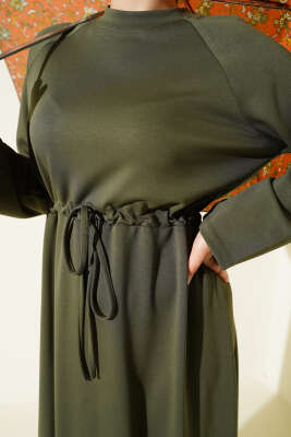 Bisiklet Yaka Bel Tünel Detaylı Elbise Haki - Elbise