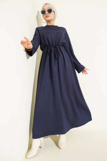 Bisiklet Yaka Bel Tünel Detaylı Elbise Lacivert - Elbise