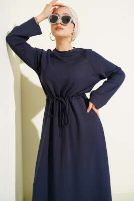 Bisiklet Yaka Bel Tünel Detaylı Elbise Lacivert - Elbise