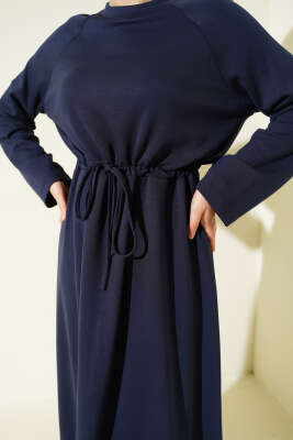 Bisiklet Yaka Bel Tünel Detaylı Elbise Lacivert - Elbise