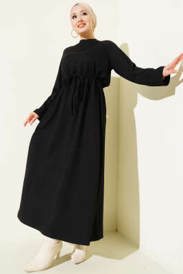 Bisiklet Yaka Bel Tünel Detaylı Elbise Siyah - VAV TEKSTİL