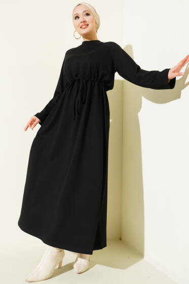 Bisiklet Yaka Bel Tünel Detaylı Elbise Siyah - Elbise