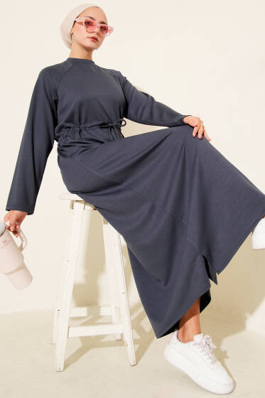 Bisiklet Yaka Bel Tünelli Loyşa Elbise Füme - Elbise