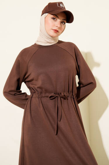 Bisiklet Yaka Bel Tünelli Loyşa Elbise Kahve - Elbise