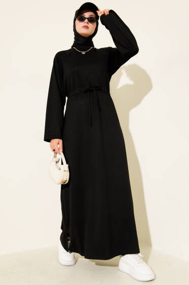Bisiklet Yaka Bel Tünelli Loyşa Elbise Siyah - Elbise