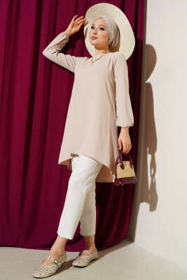 Bisiklet Yaka Biyeli Ayrobin Tunik Bej - 100-300 TL Ürünler