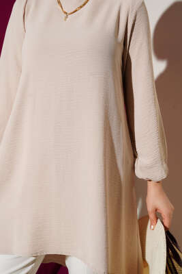 Bisiklet Yaka Biyeli Ayrobin Tunik Bej - Yılın Fırsatı