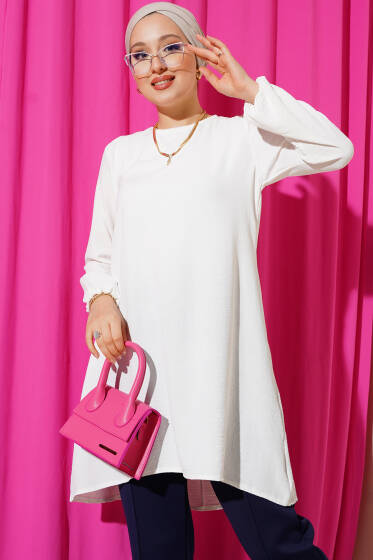 Bisiklet Yaka Biyeli Ayrobin Tunik Ekru - Yılın Fırsatı