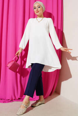 Bisiklet Yaka Biyeli Ayrobin Tunik Ekru - Yılın Fırsatı