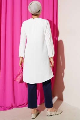 Bisiklet Yaka Biyeli Ayrobin Tunik Ekru - Yılın Fırsatı