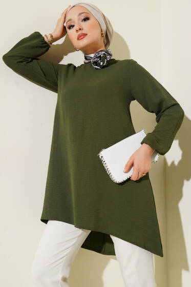 Bisiklet Yaka Biyeli Ayrobin Tunik Haki - Yılın Fırsatı