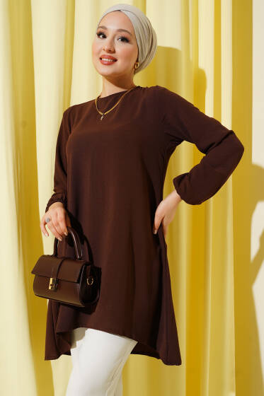 Bisiklet Yaka Biyeli Ayrobin Tunik Kahve - Yılın Fırsatı