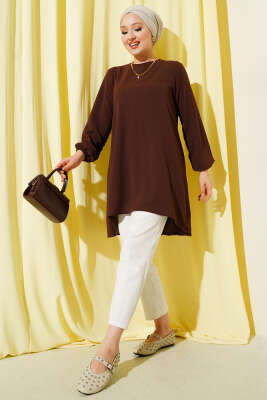 Bisiklet Yaka Biyeli Ayrobin Tunik Kahve - Yılın Fırsatı