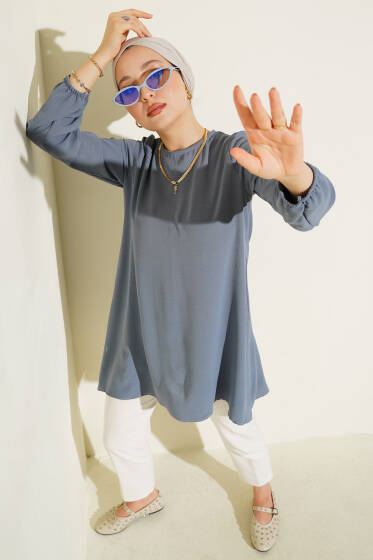 Bisiklet Yaka Biyeli Ayrobin Tunik Kayrak Grisi - Tunik