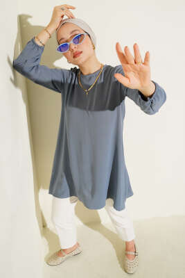 Bisiklet Yaka Biyeli Ayrobin Tunik Kayrak Grisi - ELFİDA TEKSTİL