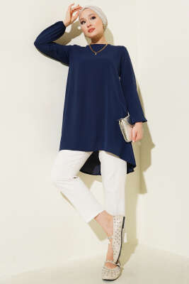 Bisiklet Yaka Biyeli Ayrobin Tunik Lacivert - Yılın Fırsatı