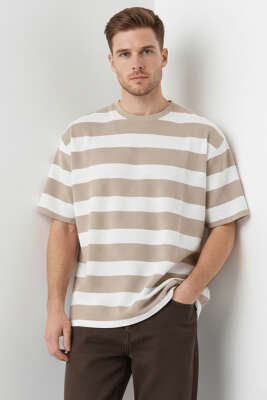 Bisiklet Yaka Blok Renkli T-shirt Bej - FRESHMAN