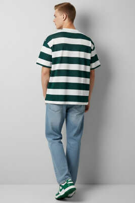 Bisiklet Yaka Blok Renkli T-shirt Nefti - Erkek T-shirt