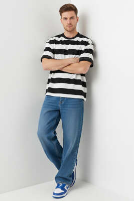 Bisiklet Yaka Blok Renkli T-shirt Siyah - Erkek T-shirt