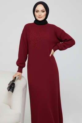 Bisiklet Yaka Buklet Triko Elbise Bordo - Triko Elbise