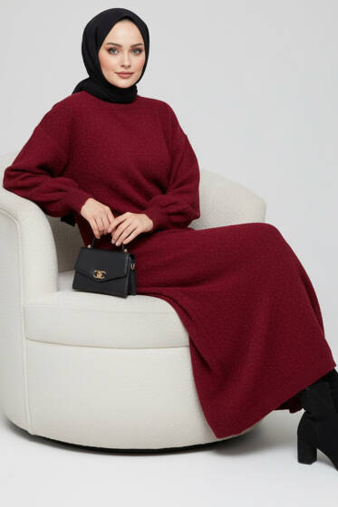 Bisiklet Yaka Buklet Triko Elbise Bordo - Triko Elbise