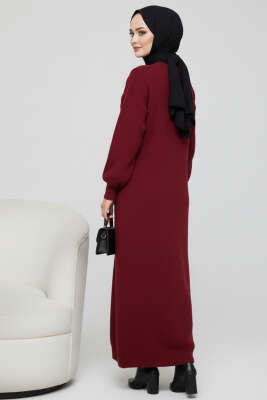 Bisiklet Yaka Buklet Triko Elbise Bordo - Triko Elbise