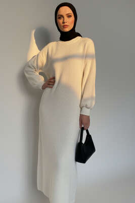 Bisiklet Yaka Buklet Triko Elbise Ekru - Triko Elbise