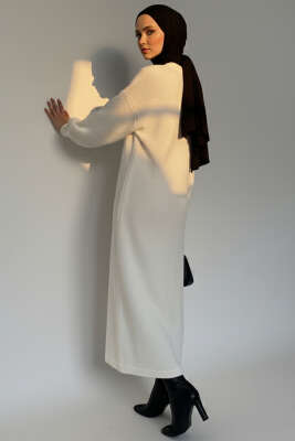 Bisiklet Yaka Buklet Triko Elbise Ekru - Triko Elbise