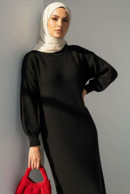 Bisiklet Yaka Buklet Triko Elbise Siyah - Elbise