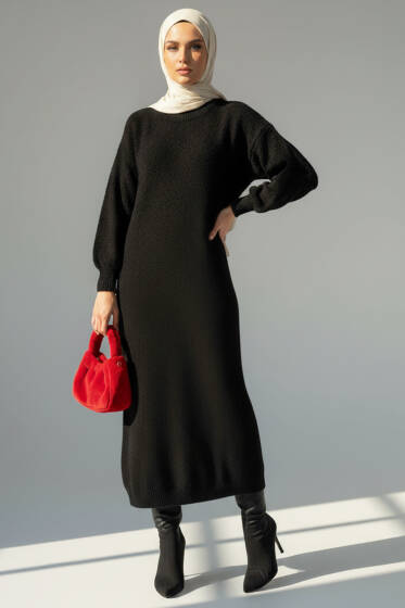 Bisiklet Yaka Buklet Triko Elbise Siyah - Elbise