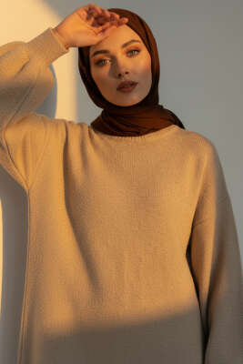 Bisiklet Yaka Buklet Triko Elbise Vizon - Elbise