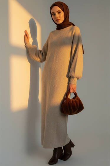 Bisiklet Yaka Buklet Triko Elbise Vizon - Elbise