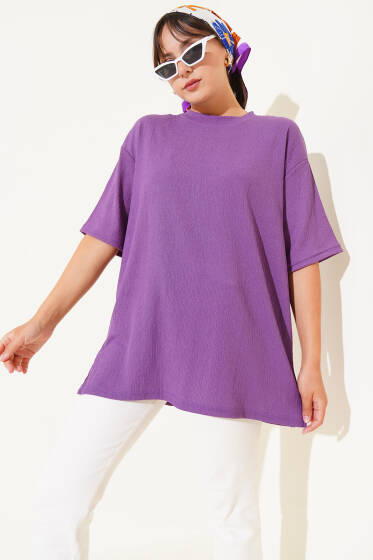 Bisiklet Yaka Bürümcük T-shirt Lila - Kadın Giyim Modelleri