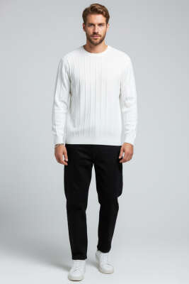 Bisiklet Yaka Çizgi Detaylı Triko Kazak Ekru - Erkek Kazak