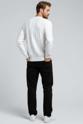 Bisiklet Yaka Çizgi Detaylı Triko Kazak Ekru - Erkek Kazak