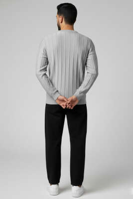 Bisiklet Yaka Çizgi Detaylı Triko Kazak Gri - Erkek Kazak