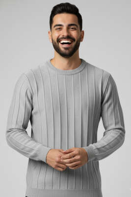 Bisiklet Yaka Çizgi Detaylı Triko Kazak Gri 