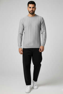 Bisiklet Yaka Çizgi Detaylı Triko Kazak Gri - Erkek Kazak