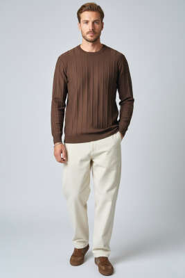 Bisiklet Yaka Çizgi Detaylı Triko Kazak Kahve - Erkek Kazak